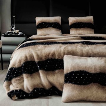 Set de Lux Din Blana Artificiala de Nurca, Cu Fermoar, Hipoalergenic, Patura + 2 Fete de Perna - Negru   Maro