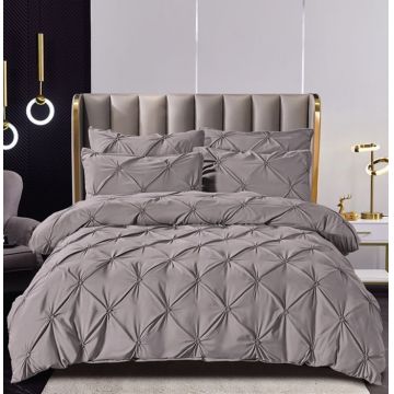 Set Lenjerie Pat 2 Persoane Bumbac Finet Uni cu Pliuri, 6 Piese, Fara Elastic