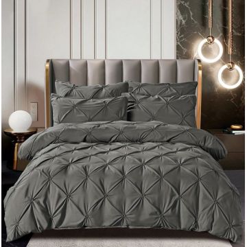 Set Lenjerie Pat 2 Persoane Bumbac Finet Uni cu Pliuri, 6 Piese, Fara Elastic