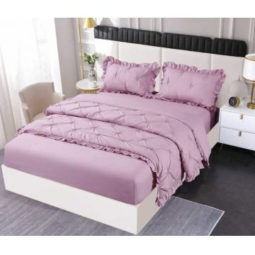 Set Lenjerie Pat Dublu, 4 Piese, Finet, cu Elastic, Pliuri si Volanase