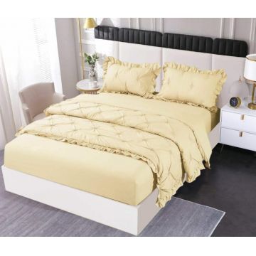 Set Lenjerie Pat Dublu, 4 Piese, Finet, cu Elastic, Pliuri si Volanase