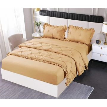 Set Lenjerie Pat Dublu, 4 Piese, Finet, cu Elastic, Pliuri si Volanase