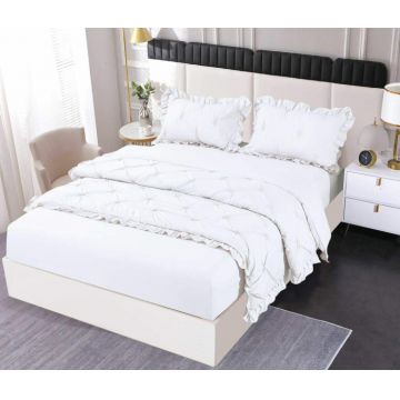 Set Lenjerie Pat Dublu, 4 Piese, Finet, cu Elastic, Pliuri si Volanase