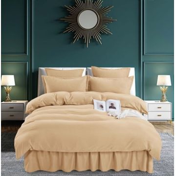 Set Lenjerie Pat Dublu, 6 Piese, Bumbac Finet Uni, cu Volanase