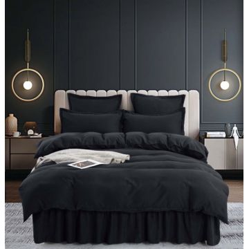 Set Lenjerie Pat Dublu, 6 Piese, Bumbac Finet Uni, cu Volanase