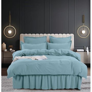 Set Lenjerie Pat Dublu, 6 Piese, Bumbac Finet Uni, cu Volanase