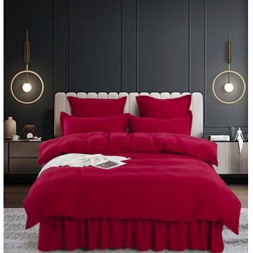 Set Lenjerie Pat Dublu, 6 Piese, Bumbac Finet Uni, cu Volanase