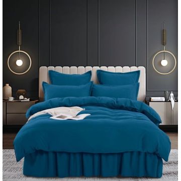 Set Lenjerie Pat Dublu, 6 Piese, Bumbac Finet Uni, cu Volanase