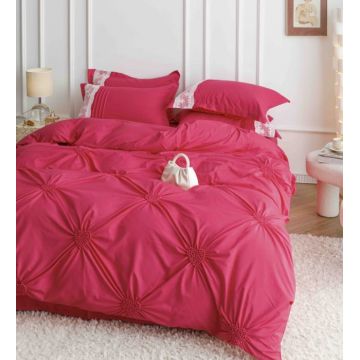 Set Lenjerie Pat Dublu 6 Piese din Bumbac Soft Touch ,   Pliuri Brodate cu Inimioare