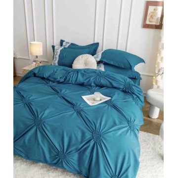 Set Lenjerie Pat Dublu 6 Piese din Bumbac Soft Touch ,   Pliuri Brodate cu Inimioare