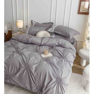 Set Lenjerie Pat Dublu 6 Piese din Bumbac Soft Touch ,   Pliuri Brodate cu Inimioare