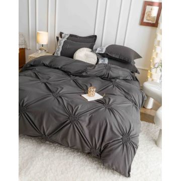 Set Lenjerie Pat Dublu 6 Piese din Bumbac Soft Touch ,   Pliuri Brodate cu Inimioare