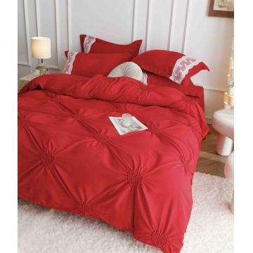 Set Lenjerie Pat Dublu 6 Piese din Bumbac Soft Touch ,   Pliuri Brodate cu Inimioare