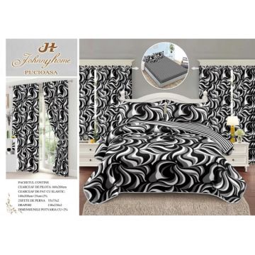 Set Lenjerie pat dublu cu Elastic (140x200cm) + 2 draperii, finet, 6 piese - Black  White