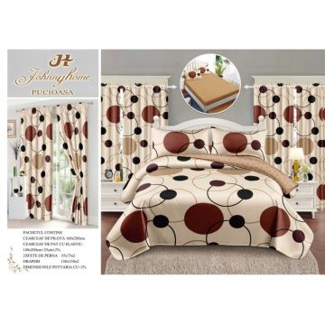 Set Lenjerie pat dublu cu Elastic (140x200cm) + 2 draperii, finet, 6 piese - Buline