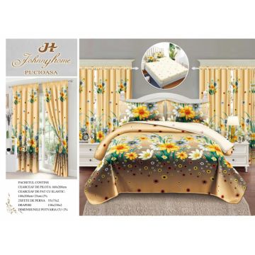 Set Lenjerie pat dublu cu Elastic (140x200cm) + 2 draperii, finet, 6 piese - Camp de flori