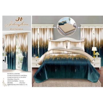 Set Lenjerie pat dublu cu Elastic (140x200cm) + 2 draperii, finet, 6 piese - Degrade