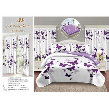 Set Lenjerie pat dublu cu Elastic (140x200cm) + 2 draperii, finet, 6 piese - Fluturi Mov