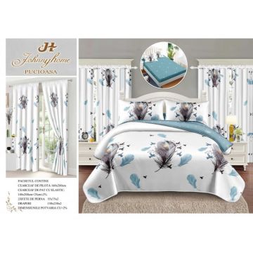 Set Lenjerie pat dublu cu Elastic (140x200cm) + 2 draperii, finet, 6 piese - Fluturi  Pene