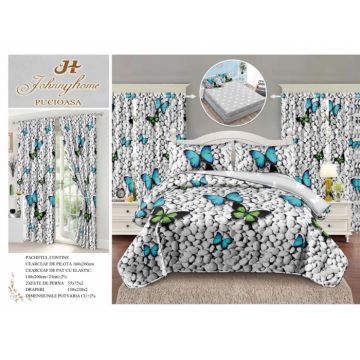 Set Lenjerie pat dublu cu Elastic (140x200cm) + 2 draperii, finet, 6 piese - Fluturi  Pietre