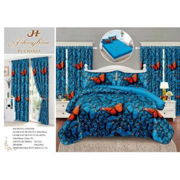 Set Lenjerie pat dublu cu Elastic (140x200cm) + 2 draperii, finet, 6 piese - Fluturi Turcoaz  Rosii