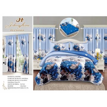 Set Lenjerie pat dublu cu Elastic (140x200cm) + 2 draperii, finet, 6 piese - Fluturi  Zambile