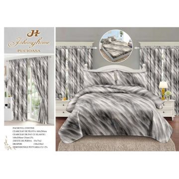 Set Lenjerie pat dublu cu Elastic (140x200cm) + 2 draperii, finet, 6 piese - Modern
