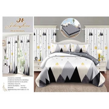 Set Lenjerie pat dublu cu Elastic (140x200cm) + 2 draperii, finet, 6 piese - Mountain