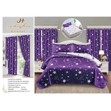 Set Lenjerie pat dublu cu Elastic (140x200cm) + 2 draperii, finet, 6 piese - Mov cu Stelute