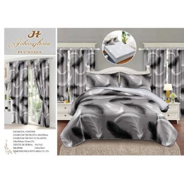 Set Lenjerie pat dublu cu Elastic (140x200cm) + 2 draperii, finet, 6 piese - Pene Gri