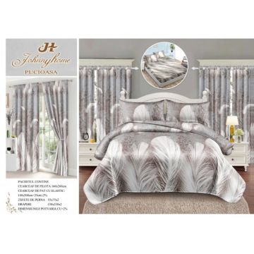 Set Lenjerie pat dublu cu Elastic (140x200cm) + 2 draperii, finet, 6 piese - Pene