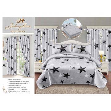 Set Lenjerie pat dublu cu Elastic (140x200cm) + 2 draperii, finet, 6 piese - Stelute Gri