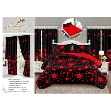 Set Lenjerie pat dublu cu Elastic (140x200cm) + 2 draperii, finet, 6 piese - Stelute Rosii