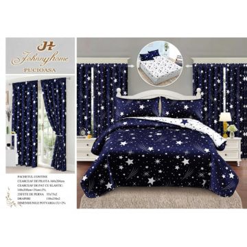 Set Lenjerie pat dublu cu Elastic (140x200cm) + 2 draperii, finet, 6 piese - Stelute