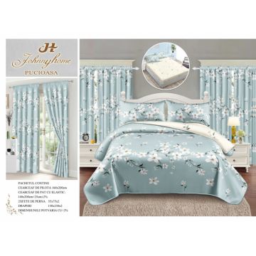 Set Lenjerie pat dublu cu Elastic (140x200cm) + 2 draperii, finet, 6 piese - Verde Menta