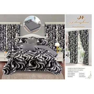 Set Lenjerie pat dublu cu Elastic + 2 draperii, finet, 8 piese - Black  White