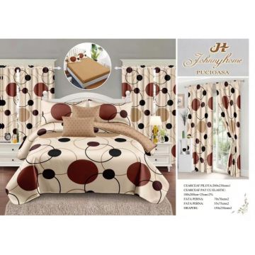 Set Lenjerie pat dublu cu Elastic + 2 draperii, finet, 8 piese - Buline