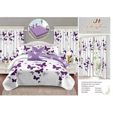 Set Lenjerie pat dublu cu Elastic + 2 draperii, finet, 8 piese - Fluturi Mov