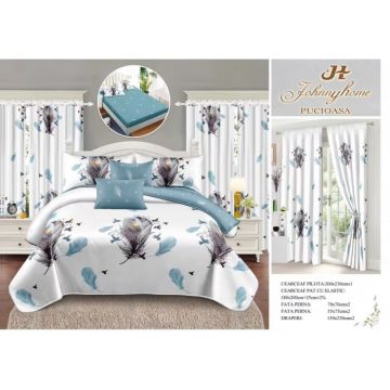 Set Lenjerie pat dublu cu Elastic + 2 draperii, finet, 8 piese - Fluturi  Pene