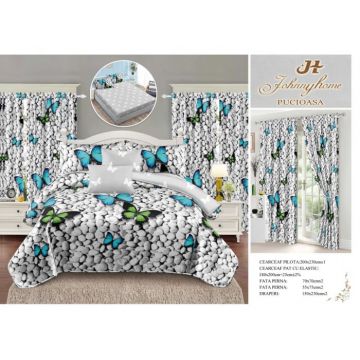Set Lenjerie pat dublu cu Elastic + 2 draperii, finet, 8 piese - Fluturi  Pietre