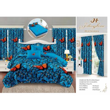 Set Lenjerie pat dublu cu Elastic + 2 draperii, finet, 8 piese - Fluturi Rosii  Turcoaz