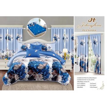 Set Lenjerie pat dublu cu Elastic + 2 draperii, finet, 8 piese - Fluturi  Zambile