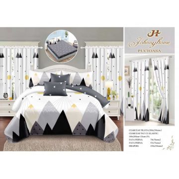 Set Lenjerie pat dublu cu Elastic + 2 draperii, finet, 8 piese - Mountains