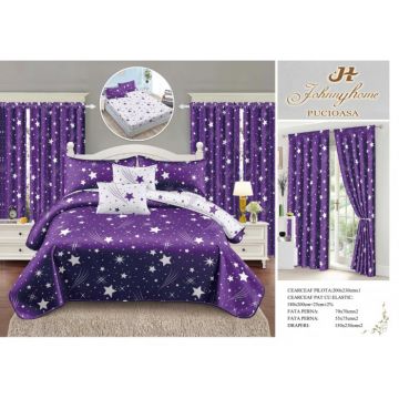 Set Lenjerie pat dublu cu Elastic + 2 draperii, finet, 8 piese - Mov cu Stelute