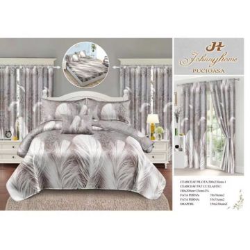 Set Lenjerie pat dublu cu Elastic + 2 draperii, finet, 8 piese - Pene Gri