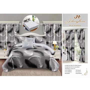 Set Lenjerie pat dublu cu Elastic + 2 draperii, finet, 8 piese - Pene Gri