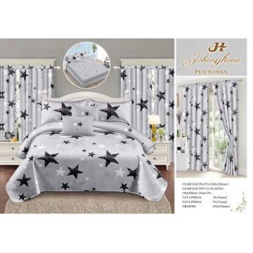 Set Lenjerie pat dublu cu Elastic + 2 draperii, finet, 8 piese - Stelute Gri