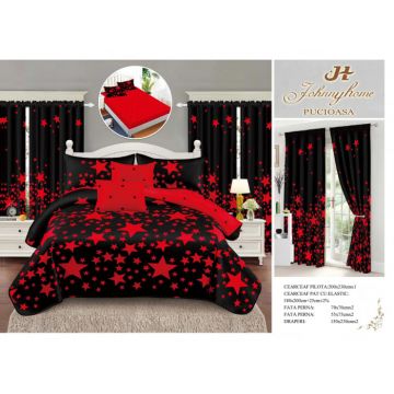Set Lenjerie pat dublu cu Elastic + 2 draperii, finet, 8 piese - Stelute Rosii