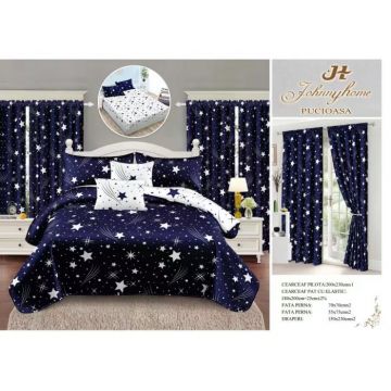 Set Lenjerie pat dublu cu Elastic + 2 draperii, finet, 8 piese - Stelute