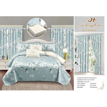 Set Lenjerie pat dublu cu Elastic + 2 draperii, finet, 8 piese - Verde menta